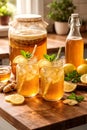 Homemade Lemon Ginger Kombucha Served In Mason Jars With Ice On Wooden Table Royalty Free Stock Photo