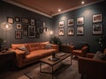 AI generated cozy living room with comfortable seating and hanging pictures on eall