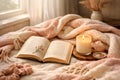 Cozy Reading Scene With Open Book Candle Soft Blanket And Warm Home Atmosphere Royalty Free Stock Photo