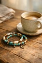Cozy Morning Still Life With Handmade Beaded Bracelets And Ceramic Coffee Cup Royalty Free Stock Photo