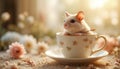 Cute Hamster Sitting Inside Floral Tea Cup In Warm Cozy Light Royalty Free Stock Photo