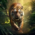 Create a visually striking image of a regal Bengal tiger prowling through a dense bamboo forest by AI generated