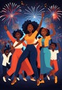 a crowd of african people are dancing with fireworks and music notes in the background Royalty Free Stock Photo