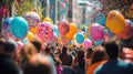 A crowd of people in a street festival, featuring a vibrant array of colorful balloons with different patterns