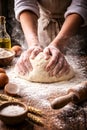 Hands Kneading Fresh Dough On A Floured Wooden Table Royalty Free Stock Photo