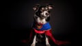 AI generated cute dog dressed as superhero sitting on the floor with copy space