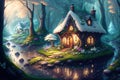 Cute fantasy house fairy tale little cottage in magical forest by AI Generated Royalty Free Stock Photo