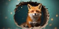 cute fox coming through crack hole in solid color background with copy space. Royalty Free Stock Photo