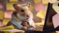 AI Generated. A cute hamster dressed in a tie sits at a laptop surrounded by sticky notes Royalty Free Stock Photo