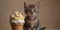 Cute kitten in ice cream cone on beige background Adorable animal and whimsical concept.