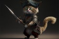 Ai generated. Cute pirate cat with a hat called tricorn or tricorne 3d character and a costume holding a sword