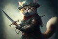 Ai generated. Cute pirate cat with a hat called tricorn or tricorne 3d character and a costume holding a sword