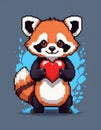 Ai generated Cute pixelated red panda holding a red heart. Valentine s day