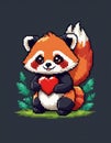 Ai generated Cute pixelated red panda holding a red heart. Valentine s day