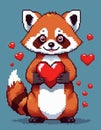 Ai generated Cute pixelated red panda holding a red heart. Valentine s day