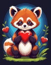 Ai generated Cute pixelated red panda holding a red heart. Valentine s day