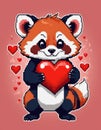 Ai generated Cute pixelated red panda holding a red heart. Valentine s day