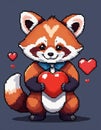 Ai generated Cute pixelated red panda holding a red heart. Valentine s day