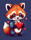 Ai generated Cute pixelated red panda holding a red heart. Valentine s day