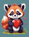 Ai generated Cute pixelated red panda holding a red heart. Valentine s day