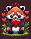 Ai generated Cute pixelated red panda holding a red heart. Valentine s day