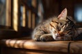 AI generated Cute tabby cat sleeping on wooden table, close-up