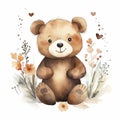 AI generated, cute teddybear in watercolor style illustration on white background.