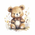 AI generated, cute teddybear in watercolor style illustration on white background.