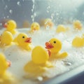 AI Generated. Cute yellow rubber ducks are swimming in a bubble bath.