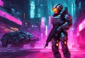 Cyberpunk soldier, neon highlights and neon