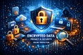 Encrypted Data Privacy And Online Security Concept With Digital Shield And Devices Royalty Free Stock Photo