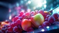 Apple and pile of grapes with water drop on the abstract light bokeh blurred background. AI generated 3D image. Royalty Free Stock Photo