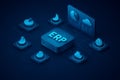 AI generated 3D isometric illustration of modern ERP technology system with glowing blue elements representing data integration Royalty Free Stock Photo