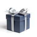AI Generated Dark Blue Gift Box with Silver Ribbon and Bow Royalty Free Stock Photo