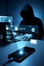 Cyber Attack Concept With Hacker Projecting Digital Interface From Smartphone Royalty Free Stock Photo