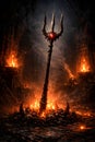 Demonic Trident Standing In Dark Ritual Chamber With Chains And Fire Royalty Free Stock Photo