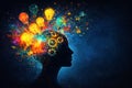 AI generated dark human profile with glowing gears colorful paint splashes and floating light bulbs symbolizing creativity Royalty Free Stock Photo