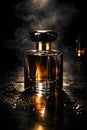 Dark Luxury Perfume Bottle With Amber Glow Wet Surface And Dramatic Mood Royalty Free Stock Photo