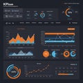 An AI-generated dashboard interface displaying various charts and graphs in a dark- Royalty Free Stock Photo