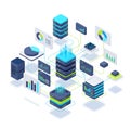 AI Generated Data Center Servers with Charts and Graphs, Isometric View, Blue and Yellow Royalty Free Stock Photo