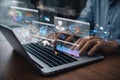 AI generated data driven digital marketing analytics with professional typing on laptop and real time dashboards tracking campaign Royalty Free Stock Photo