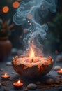 AI-generated decorative incense burner with swirling smoke and warm candlelight Royalty Free Stock Photo