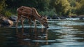 deer and her calf are drinking in the river illustration style. Royalty Free Stock Photo