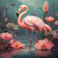 the delicate grace of flamingo, standing on tranquil lake, surrounded by blooming lotus flowers by AI generated
