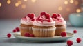 Delicious cupcakes with raspberry topping on pastel background.