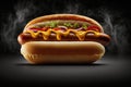 AI generated a delicious hot dog with mustard, tomato and lettuce on dark background