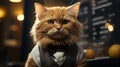 Cute ginger cat with bow tie sitting in cafe and looking at camera