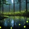 AI generated dense swarms of Fireflies twinkling deep in the forest Royalty Free Stock Photo