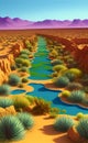 desert illustration plants water oasis sunny day AI Generated