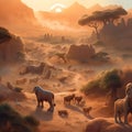 AI generated desert landscape with variety of wildlife at sunset